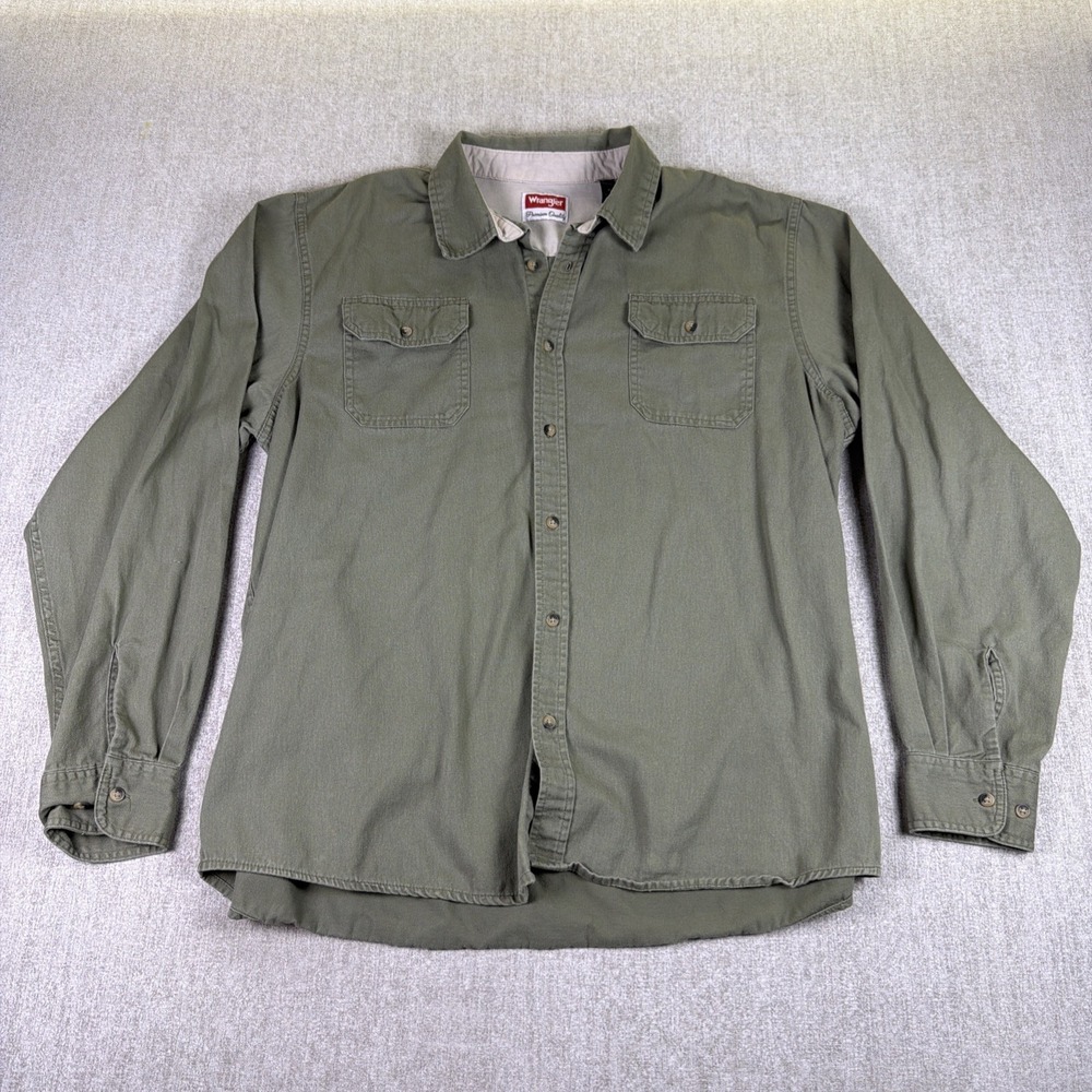 Wrangler Premium Quality Shirt Men XL Olive Green Tan Cotton Twill Button Up Vtg